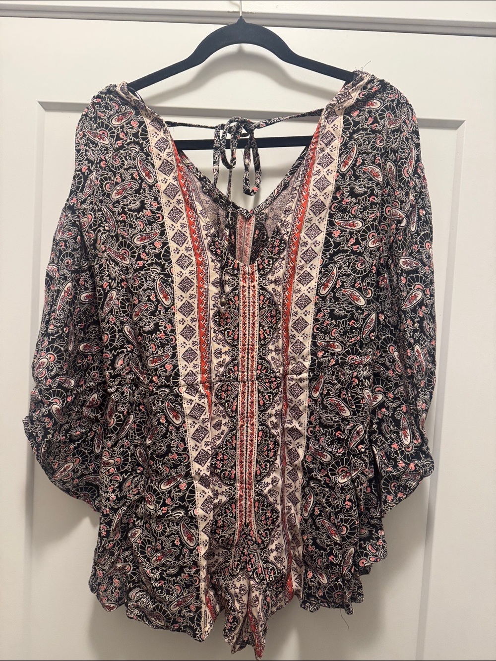 Angie Black Paisley Small V-Neck Romper with Cream & Red Trim and Cinched Waist - Picture 6 of 6